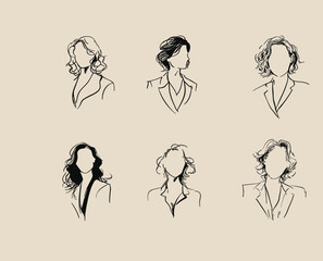 Fototapeta premium Elegant set of six faceless female portraits in minimalist outline style, perfect for branding, fashion illustration, and editorial design