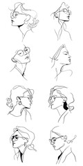 Set of elegant minimalist line art portraits of women with glasses, featuring unique hairstyles and poses. Perfect for fashion, editorial, branding, and lifestyle design