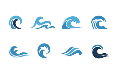 Obraz premium Collection of Eight Unique Blue Wave Icons Representing Ocean and Water Flow with Modern Design