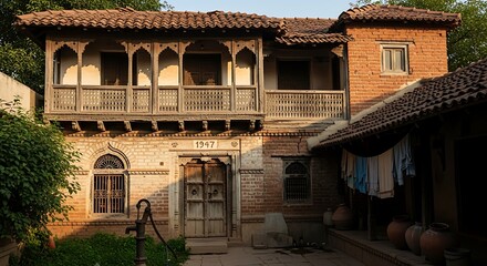 Vintage brick house architecture design old building exterior with balcony in india