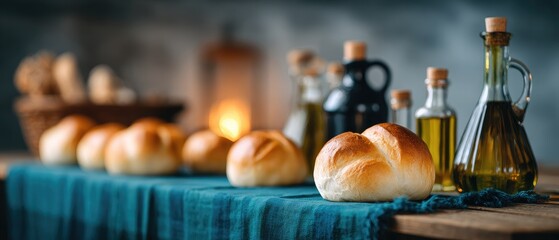 Obraz premium Rustic Bread and Olive Oil Display on Wooden Table with Cozy Atmosphere