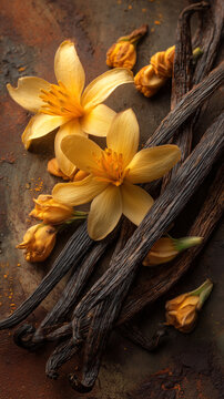 Bacche e fiori di vaniglia naturale su fondo caldo e terroso, simbolo di eleganza e ingredienti raffinati per profumeria e cosmetica gourmet