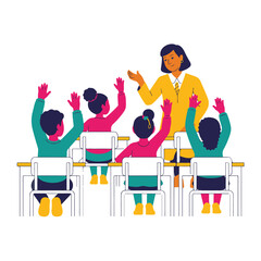 Teacher interacting with students raising hands in a classroom