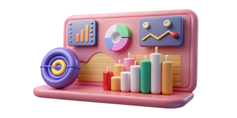 A vibrant 3D rendering of a business intelligence dashboard with various charts and graphs for data analysis and financial reporting, isolated on a white background