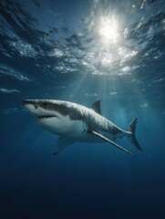 Fototapeta premium great white shark swimming in sunlight underwater