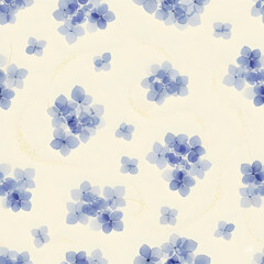 Seamless pattern with delicate blue hydrangea flowers, elegant botanical style.
