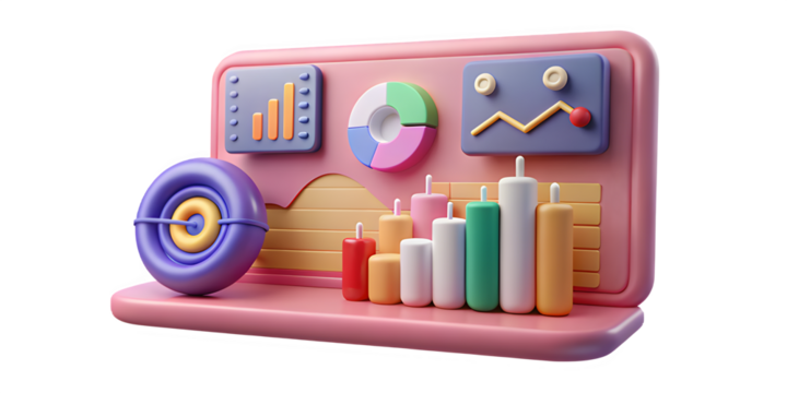 A vibrant 3D rendering of a business intelligence dashboard with various charts and graphs for data analysis and financial reporting, isolated on a white background