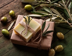 natural handmade soap and packaging arranged with olive branches on a rustic table