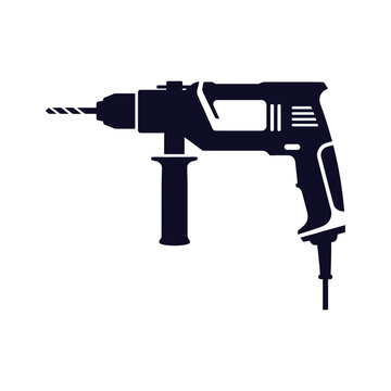 Dark blue silhouette of a rotary hammer drill with a drill bit tool power