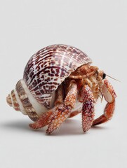 hermit crab with brown and white shell on a white background