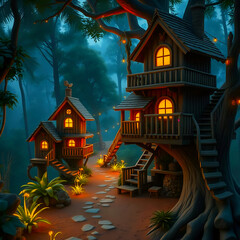 house in the night, house in the forest night, wood house in the night forest in lighting.
