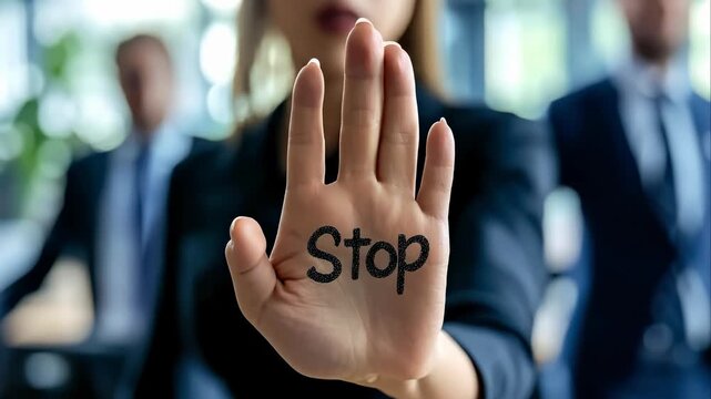 Protective stance: a woman in office with her arm outstretched holding says stop, symbolizing resistance, boundaries, and awareness, addressing the concept of harassment at work with determination.