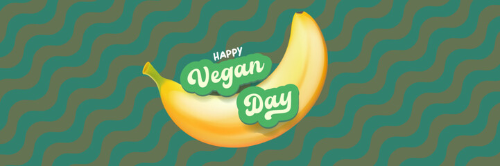 World Vegan day 1 November banner design template with banana. Vegan day green geometric banner with text and yellow banana fruit. Go Vegan. Green abstract geometric background.