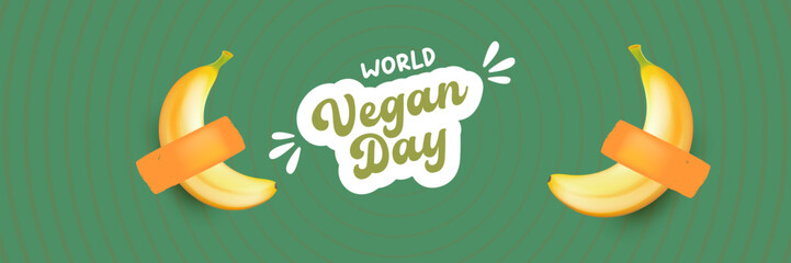 World Vegan day 1 November banner design template with banana. Vegan day green geometric banner with text and yellow banana fruit. Go Vegan. Green abstract geometric background.