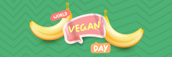 World Vegan day 1 November banner design template with banana. Vegan day green geometric banner with text and yellow banana fruit. Go Vegan. Green abstract geometric background.