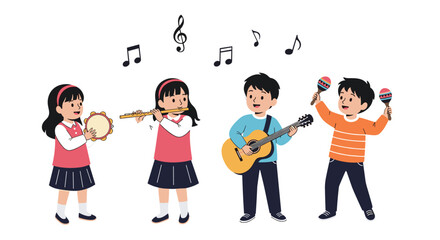Fototapeta premium Children playing musical instruments in a band with musical notes floating above them.