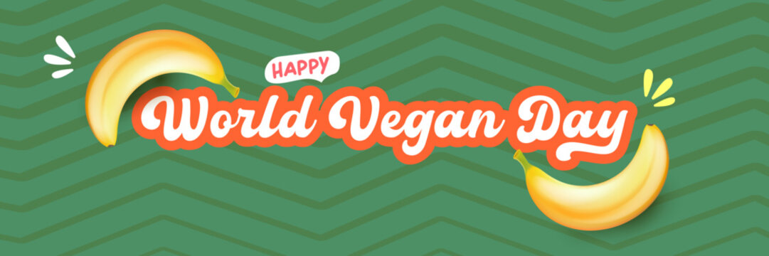World Vegan day 1 November banner design template with banana. Vegan day green geometric banner with text and yellow banana fruit. Go Vegan. Green abstract geometric background.