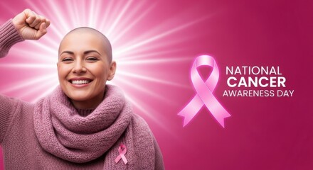 A smiling woman with a shaved head and a warm scarf, celebrating national cancer awareness day with a pink ribbon and a radiant glow