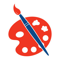 Red artist palette with blue paintbrush and white paint blobs vector