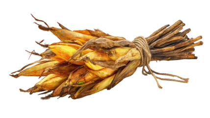 corn stalks bundle dry harvested plants agricultural crop autumn farm decoration natural straw texture isolated on white background