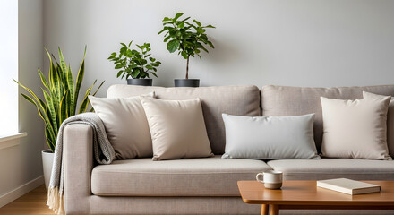 Cozy Living Room with Beige Sofa, Pillows, Blanket, and Plants Near Window, Natural Light Interior Design