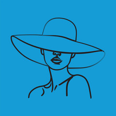 Minimalist line art of a woman wearing a wide brimmed hat on a solid blue background