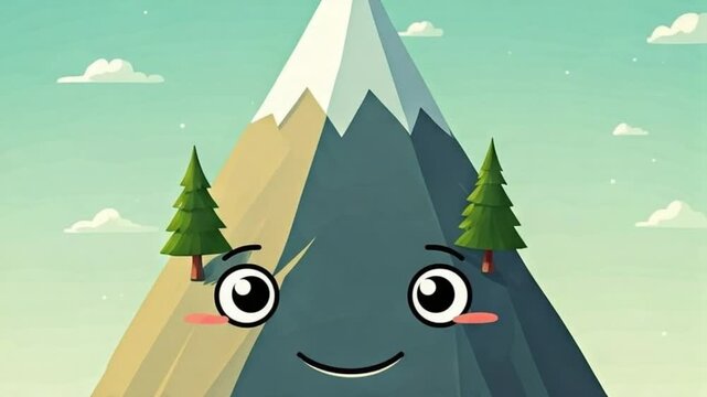 A cute cartoon mountain with a smiling face and rosy cheeks, flanked by two pine trees, set against a light blue sky with fluffy white clouds.