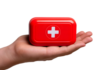 Hand holding red first aid kit with white cross symbol