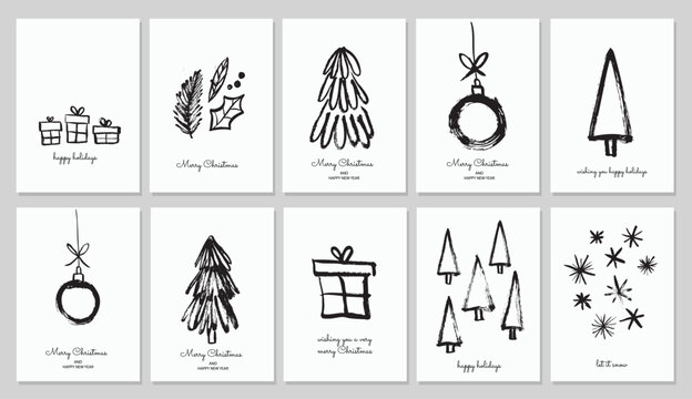 Set of hand drawn ink doodles style Christmas greeting cards. Raw grungy sketch style, black and white vector illustration. Rectangular A5 A4 print format. 