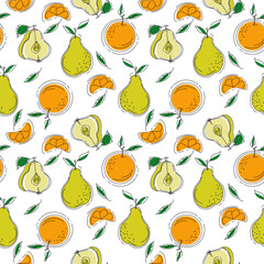 Seamless pattern with oranges and pears, whole and cut fruits in contour style on white background — cute doodle vector illustration