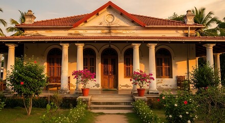Fototapeta premium Historic colonial house architecture with garden landscape and vintage design elements