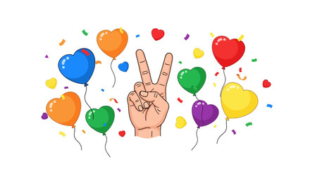 Colorful celebration with heart balloons and peace sign in cartoon style