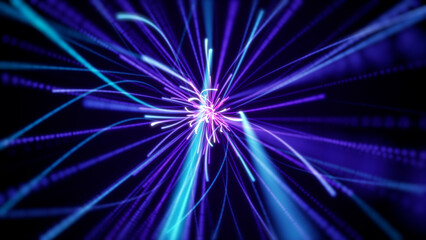 Glowing blue and purple energy lines expanding with depth on dark background. Abstract futuristic light burst illustration.