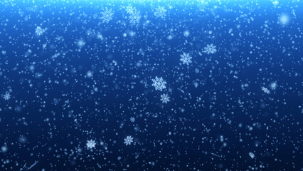 Fototapeta premium Winter falling snowflakes with blue gradient tone and soft light. Abstract snowstorm background texture.