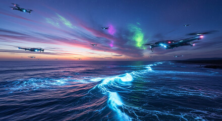Futuristic Spaceships Flying Over Bioluminescent Ocean Waves at Sunset with Aurora Borealis