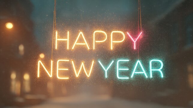 Happy New Year fireworks over aerial night cityscape by the sea, colorful bursts in gold red blue purple, glowing reflections, cinematic dreamy lighting, festive celebration atmosphere