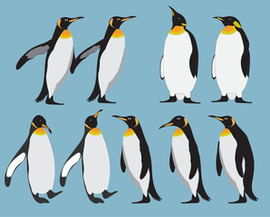 A set of polar penguins in various poses. Vector illustration on an isolated blue background. Elements for the design of winter banners, posters, wall decor, cover
