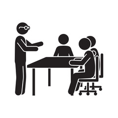 Stick Figure Pictogram of a Business Meeting with a Manager Leading a Team Discussion in the Office
