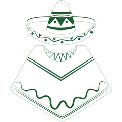 Green Sombrero Hat and Poncho Illustration Festive Mexican Fiesta Attire Cultural Symbol Isolated on White Background