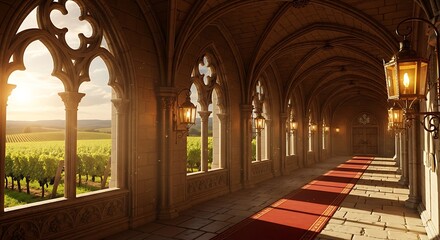 Obraz premium Scenic view of a vineyard through arched windows in a castle hallway with warm lighting creating a serene atmosphere
