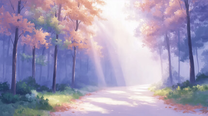 幻想的な光が差し込む美しいアニメ調の森の道