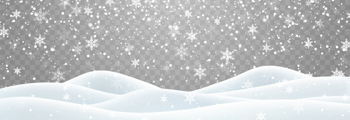 Snow flakes, snow and blizzard falling on snowdrifts. Snow landscape decoration, frozen hills isolated on png background. Vector heavy snowfall with snowbanks field. Christmas vector illustration © Leonid