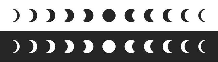 Phases of the moon icon set in black and white, showing the lunar cycle from new moon to full moon