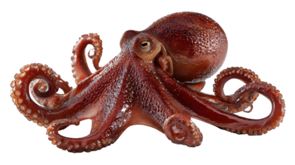 Detailed close up of a red octopus with eight arms spread against a black background