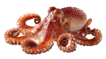 Detailed close up of a vibrant red octopus against a black background