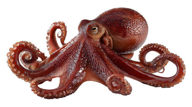 Detailed close up of a red octopus with eight arms spread against a black background