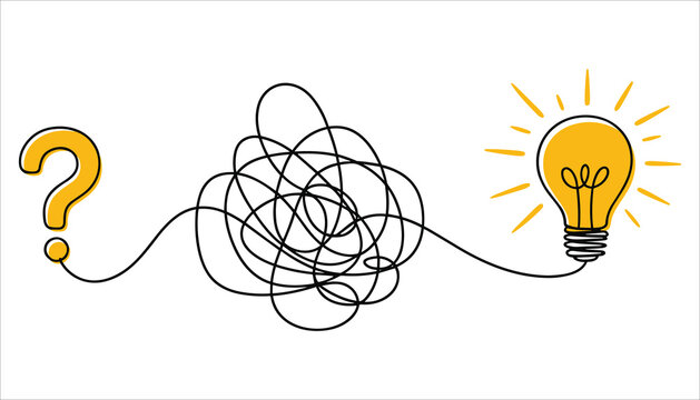 Yellow question mark tangled line leading to glowing light bulb on white idea thinking
