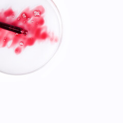 Facial peeling formula: red serum liquid of chemical exfoliant in petri dish, top view, copy space.