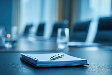 Notepad for agenda kept on table in empty corporate conference room before business meeting in blue tone
