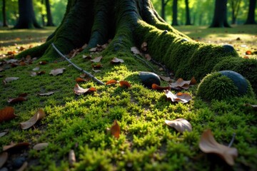 Obraz premium Sun Dappled Forest Floor Sunlight filtering through a dense forest canopy, creating intricate dappled light patterns on a moss covered forest floor. Include fallen leaves, ancient tree roots, and